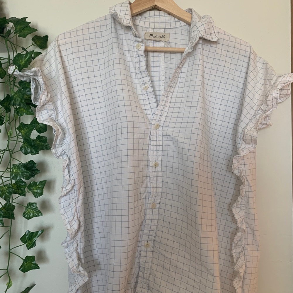 Windowpane ruffle button down blouse